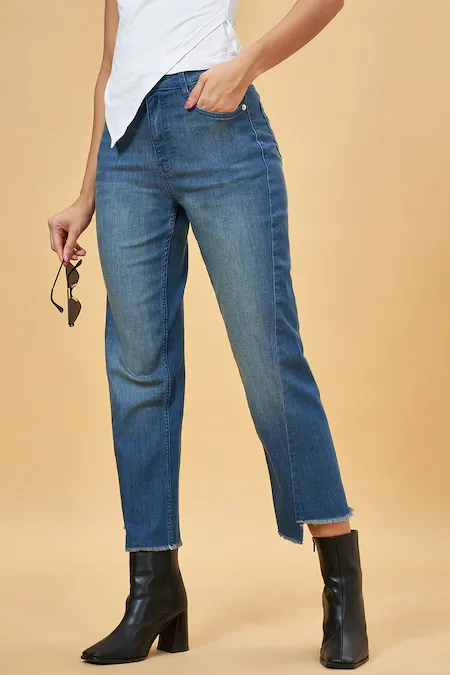 Light Blue Solid Full Length High Rise Casual Women Straight Fit Jeans